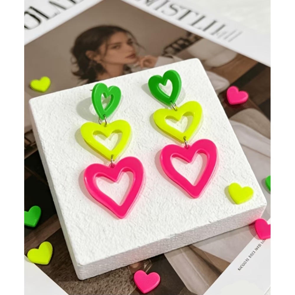 Neon Heart Drop Earrings Triple Tiered Acrylic Dangle Green Yellow Pink Retro